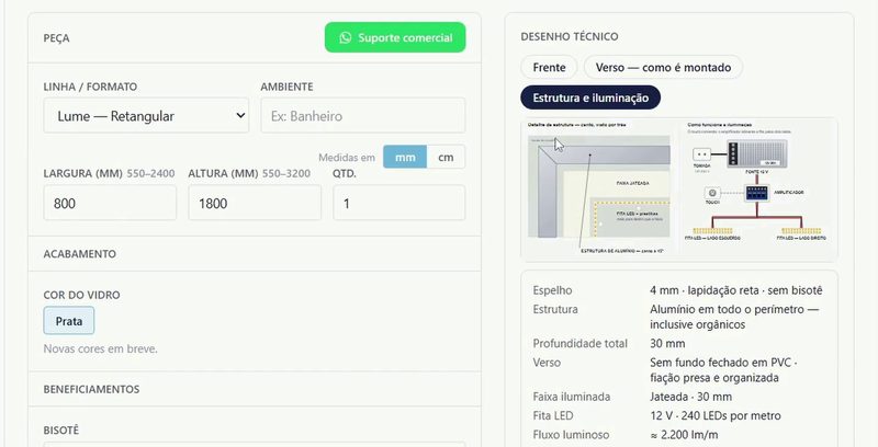 Tela real do Portal Clear Mirror: configurador com desenho técnico de estrutura e iluminação e a ficha da peça