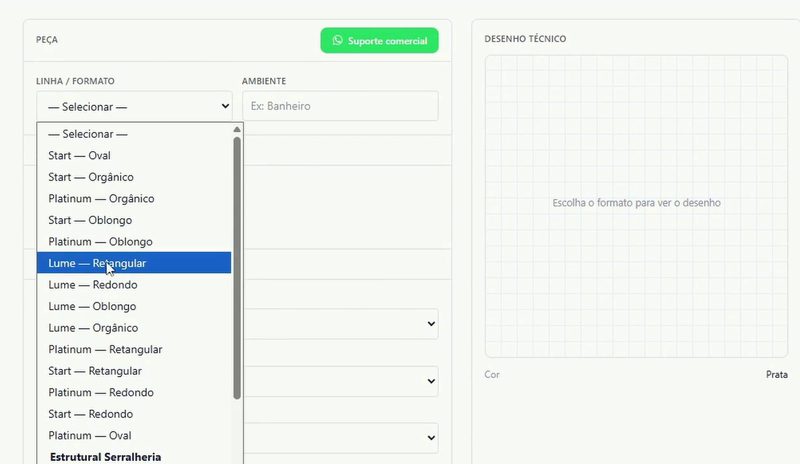 Tela real do Portal: lista de linha e formato com Start, Platinum e Lume